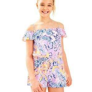 Lilly Pulitzer Girl’s Emoni Romper Lilac Verbena Cold Shoulder Large 8-10